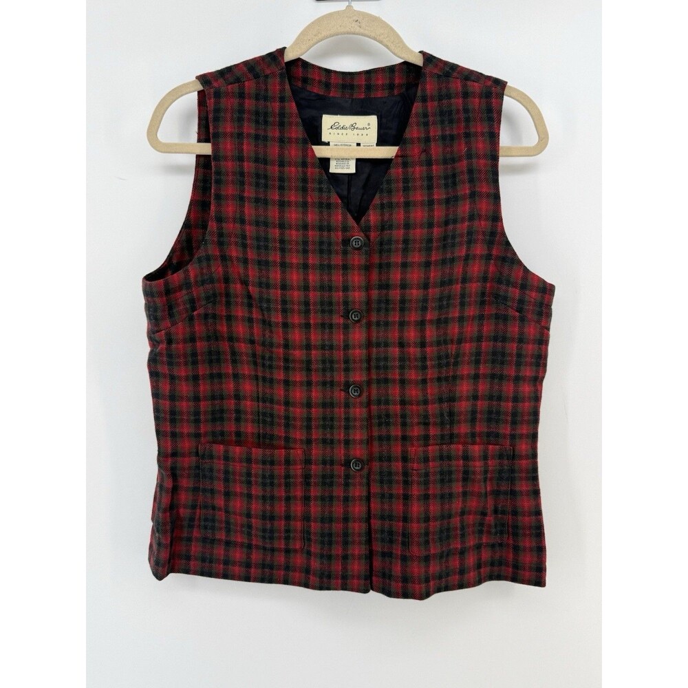 VTG Eddie Bauer Wool Vest Womens M Red Black Gray Plaid Pockets 90s Gorpcore